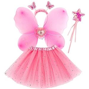 M MUNCASO Ragazze Fata Costume Fancy Dress Up Set di costumi da farfalla Principessa Abito Set di costumi in tulle con ali di farfalla, bacchetta magica e set di cerchietti per bambine 3-8 anni