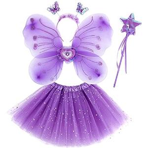 M MUNCASO Ragazze Fata Costume Fancy Dress Up Set di costumi da farfalla Principessa Abito Set di costumi in tulle con ali di farfalla, bacchetta magica e set di cerchietti per bambine 3-8 anni