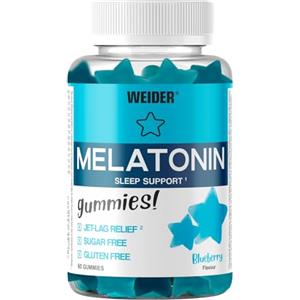 Weider Melatonin Gummies (60 Caramelle Gommose) Sapore di Mirtillo, con 1mg di Melatonina per dose, Aiuta para il Sonno e contro il Jet lag, Senza Glutine, Senza Zucchero