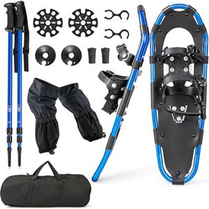 COSTWAY Set 4 in 1 Ciaspole da Neve 53/63/78 cm per Uomini, Donne e Ragazzi con Sistema di Fissaggio, Telaio in Alluminio, Bastoncini da Trekking, Ghette Gambe Impermeabile e Borsa (Blu,53 cm)