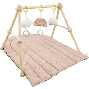 COTTONBEBE 4 IN 1 Palestrina per Neonati, Tappeto di Gioco con Legno Naturale, 3 Giochi Rimuovibili da Afferrare, Montessori per 0-3-6-12-36 Mesi, Marrone-Arcobaleno