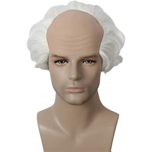 Linfairy Parrucca corta da uomo anziano sintetica con testa calva per costumi di Halloween e cosplay (Bianco)