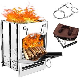 WADEO Stufa a Legna Portatile da Campeggio, Con Sega a Corda e Borsa Portaoggetti, Pieghevole in Acciaio Inox, Piccola Stufa a Legna per Escursioni, Barbecue, Grill, Zaino in Spalla, Viaggi, Picnic