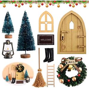 Abnaok Set completo per porta del gnomo, set completo per porta del gnomo, in miniatura, porta del gnomo, con accessori, stivali, lanterna, albero di Natale, ghirlanda decorativa in legno