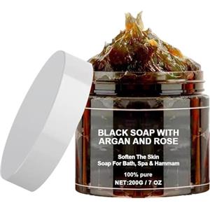 Nankoyal Sapone Nero Beldi Marocchino, 1 Confezione Sapone Nero Marocchino Hammam Scrub Corpo Marocchino Sapone Nero Con Argan E Rosa Saponetta Nera Africana, Saponetta Detergente Illuminante, 200 G