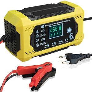 FAFAMIYA Carica Batteria per Auto, Caricabatterie Auto intelligente da 12V 6A con Schermo LCD Touch Screen, Rilevamento Automatico, Riparazione, Manutenzione e Protezioni Multiple per Piombo-Acido/AGM/Gel