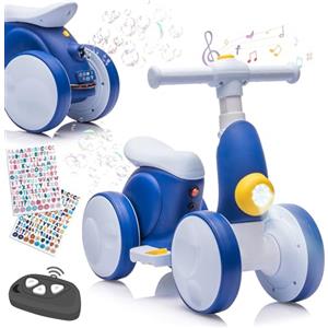 Itslife Bicicletta Senza Pedali Elettrica con Macchina per Bolle per Bambini e Bambine di 1-4 Anni, 4 in 1 Giocattoli per Bambini con Musica, Luci LED, Regalo per Compleanno, Natale, Blu-bianco