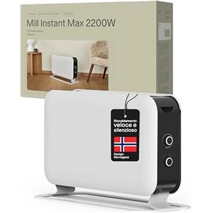 Mill Instant Max Termoconvettore Portatile 2200W MEC, per 26-30 m², Riscaldamento Rapido, Silenzioso, Facile da Spostare, con Spina, Design Norvegese