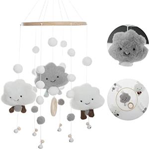 UGBO Giostrina Culla Neonato Giostrina Lettino Neonato Campana da Letto in Legno con Palline di Feltro e Nuvola Giostra Musicale Culla Neonato per Camera Bambini Campanelli Eolici