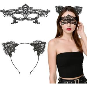 EAVUYIS Set di 2 pezzi Maschera da gatto e orecchie da gatto fascia per donne maschere in maschera costume Catwoman per Halloween Natale San Valentino