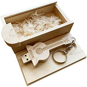BEIJIGUANG Chiavetta USB 2.0/3.0 a forma di chitarra, in legno d'acero, in scatola di legno (2.0/128 GB)