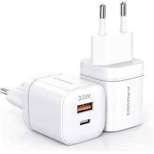 Amoner Caricatore USB C 33W, 2-Pack GaN 2 Porte PD alimentatore Rapido per iPhone 16/15/14/13/12/11, Galaxy S24/S23, iPad/Pro/Mini, OPPO, Xiaomi, Spina Alimentatore Presa Carica Adattatore Muro