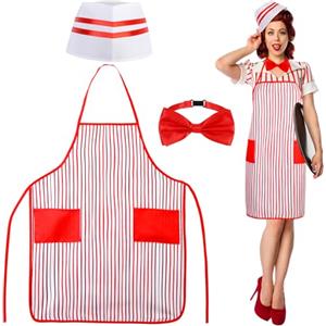 XEPST 3 pz Adulto Cameriere Costume Kit-1950 s Cameriera Costume Accessori Set con cappello da cuoco rosso e bianco a strisce Grembiule Bow Tie per Halloween Cosplay Carnevale Fancy Dress Up Partito