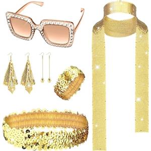 Diamday 6PCS 70s Discoteca Accessori per Donne Disco Costume Strass Montatura Spessa Bling Sole Occhiali Lungo Paillettes Sciarpa Orecchini Cerchietto Bracciale Orecchini retrò Discoteca Gioielli Set