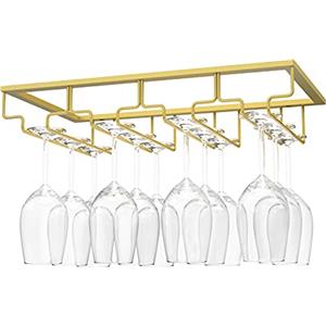 Nuovoware Porta bicchieri da piede sospeso, porta bicchiere da vino sospeso supporto bicchiere da vino con 4 guide per sottomensola, armadio in vetro, gancio in cromo, barra da cucina, oro