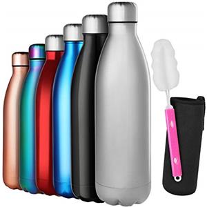 GeeRic Bottiglia Termica 1 Litro, 1L Borraccia in Acciaio Inox+Spazzola+Borsa Portatile Bottiglia Acqua Sportiva Tenere 12H Caldo/24 Freddo Borraccia Termica 1000ML a Campeggio,Scuola,Palestra Argento