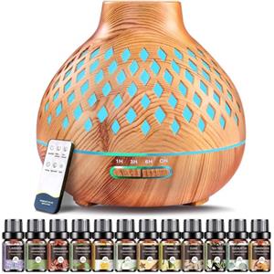 AESHORY Diffusore di Oli Essenziali, 550 ml Umidificatore Ambiente con Set di 12 X 5 Ml Olio Essenziale, Diffusore Profumatore per Ambienti con Telecomando, 4 Timer e 7 Colori Led