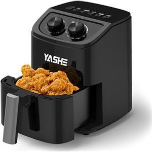 YASHE 2,3L Friggitrice ad Aria per 1-2 Persone, Compatta Air Fryer con 6 Opzioni di Menu, Doppia Manopola per Temperatura e Timer, Circolazione D'aria 3D, Cottura Sana Senza Olio