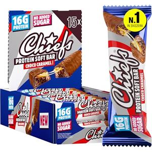 CHIEFS Protein Snack al Cioccolato, Barrette Proteiche, Per uno Spuntino Goloso, Per il Controllo del Peso, Per il Recupero Dopo lo Sport, 15 Barrette da 55g, Cioccolato e Caramello