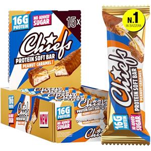 CHIEFS Protein Snack al Cioccolato, Barrette Proteiche, Per uno Spuntino Goloso e Per il Controllo del Peso, Per il Recupero Dopo lo Sport, 15 Barrette da 55g, Caramello alle arachidi