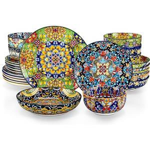 vancasso Servizio di Piatti Colorati Boho, Set 24 Pezzi in Ceramica per 6 Persone, Include 6 Piatti Piani, 6 Piatti da Dessert, 6 Ciotole per Pasta e 6 Ciotole per Cereali, Lavabili in Lavastoviglie