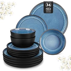 vancasso Servizio Piatti 12 Persone, Set Piatti 36 Pezzi, Piatti Moderni in Gres - 12 Piatti Piani, 12 Piatti Dessert e 12 Ciotole Cereali - Smalto Reattivo Blu, Sicuro per Microonde e Lavastoviglie