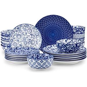vancasso SELENE Servizio Piatti 24 Pezzi per 6 Persone - Piatti Moderni in Porcellana Stile Cinese Blu e Bianco - 6 Piatti Piani, da Dessert, Fondi e Ciotole - Adatti a Lavastoviglie e Microonde