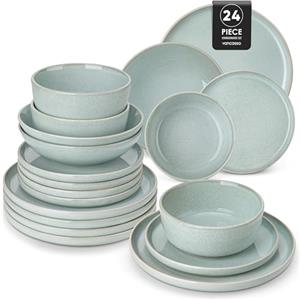 vancasso ANYA Servizio Piatti 24 Pezzi per 6 Persone, Set Piatti Moderni in Gres - 6 Piatti Piani, 6 Piatti Dessert, 6 Ciotole per Pasta e 6 Ciotole Cereali - Smalto Reattivo Verde Menta