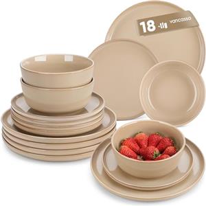 Vancasso PLAYA - Servizio da tavola per 6 persone, 18 pezzi, moderno, in gres porcellanato, include ciotola, piatto da dessert e piatti piani, lavabile in lavastoviglie, marrone