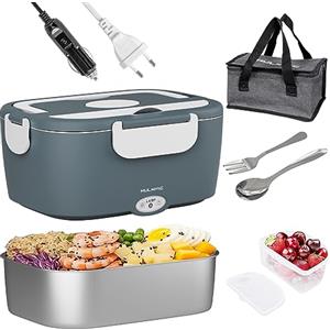Nulmvic Scaldavivande Elettrico Portatile 75W per Auto Camion e Ufficio 12V/24V/220V - 1,5L Lunch Box Elettrico Contenitore in Acciaio Inossidabile 304 con Borsa Termica (Blu)