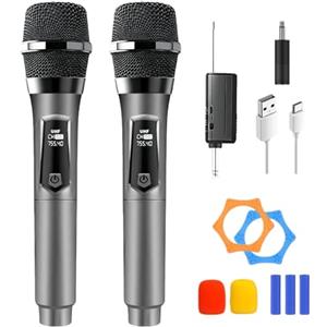 PORFOYO Microfono senza fili, 2 microfoni radio UHF, set di microfono con ricevitore ricaricabile, doppio microfono a mano, portata di 50 m, per karaoke, canto feste, palcoscenico, matrimonio, dj, discorso