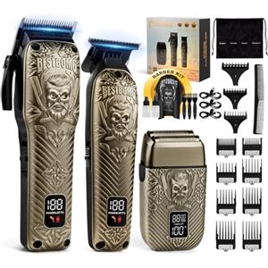 BESTBOMG Tagliacapelli Uomo Professionale Macchinetta per Capelli Senza Fili, Regolabarba Rasoiocapelli Trimmer Rasoio Elettrico Con Mantella da Barbiere e Pettine Limite
