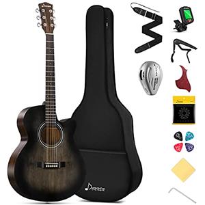 Donner Chitarra Acustica 4/4 per Adulto Principiante Chitarra Acustica Cutaway Kit con Pickup Mini Jumbo 40 Pollici con Borsa Cinghia Corde Capo Plettri Nero