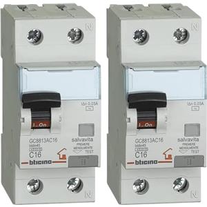 BTicino GC8813AC16 BTDIN Interruttore Magnetotermico Differenziale, 1P+N, 4.5 kA, Idn : 0.03 A, In : 16 A (Confezione da 2)