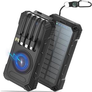 Tnibition 56800mAh Power Bank Solare, 30W PD 3.0 A USB C Powerbank Ricarica Rapida con 4 Cavi, 6 Uscita & 4 Ingresso, 15W Ricarica Wireless, Spie luminose a LED, Torcia, Caricatore Portatile con Smartphones