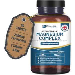 PH PROWISE Healthcare Complesso di glicinato di magnesio 4 in 1-2000 mg per porzione | Dose precisa di magnesio elementare da 400 mg | Aggiunti bisglicinato di magnesio, citrato, malato e taurato | 90 compresse vegane