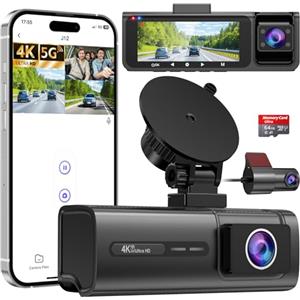 Vasip 3-Canali Dash Cam Auto 4K+1080P+1080P, 5GHz WiFi Telecamera per Auto con Scheda SD 64G, Dashcam Auto 170° Grandangolo,Super Visione Notturna,WDR,G-Sensor,Registrazione in Loop(Grigio)