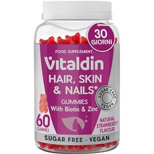 VITALDIN Gummies Capelli, Pelle e Unghie - Con 2.500 μg di Biotina - Cura dei Capelli - Con Zinco e Vitamine C ed E - Vegane - Senza Zuccheri - Senza Glutine - 60 Gummies - 1 Mese - Gusto Fragola