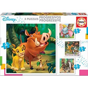 Educa - Puzzle progressivi di cartone per bambini | Disney Animals Dumbo, Bambi, Lion King and Jungle Book. Dimensioni: 40 x 28 cm. 4 puzzle da 12 a 25 pezzi. Da 3 anni (18104)