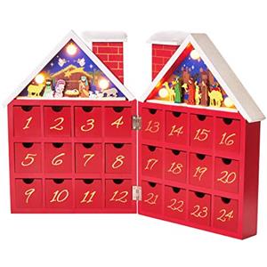 Brubaker Calendario dell'Avvento Riutilizzabile in Legno da riempire - casa di Natale Rossa con presepe e Illuminazione a LED - Calendario di Natale Fai-da-Te 21 x 9 x 30 cm