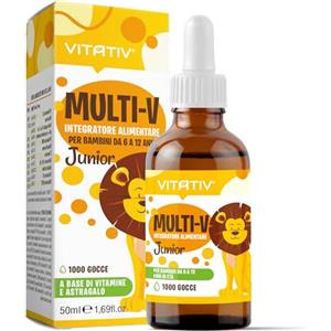 VITATIV® MULTI-V Junior | Integratore Multivitaminico per Bambini in Gocce 50ml con Astragalo Vitamina C, A, Vitamine del gruppo B, D, Tiamina, B12, Acido Folico
