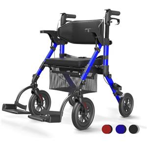 VOCIC Deambulatore Sedia Rotelle 2 in 1|Deambulatore per anziani 4 ruote con seduta,Carrello pieghevole per tutti i terreni|Rollator da esterno egolabile in altezza in alluminio |Blu 5 anni garanzia