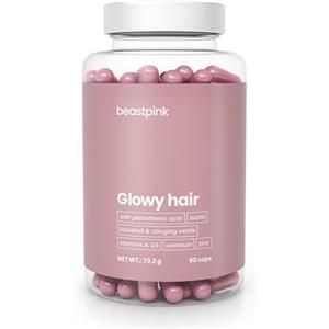 BeastPink Glowy Hair - Integratore con Lievito Di Birra, Per Ottenere Capelli Lucidi, Forti e Sani - Con Biotina, Zinco, Selenio e MSM - Supporta La Salute Di Capelli, Pelle e Unghie, 90 cps