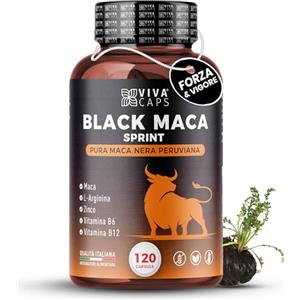 VIVACAPS Maca peruviana alto dosaggio 1200mg per dose 120 Cps, Black maca con L-Arginina, Zinco, Vitamina B6 e B12 per energia e supporto per la massa muscolare - Made in italy