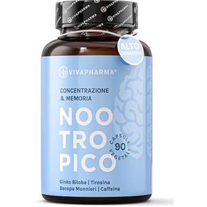 VIVAPHARMA Nootropico Naturale - 90 capsule - con Ginkgo Biloba e Bacopa Monnieri - Integratore Memoria e Concentrazione - Made in Italy