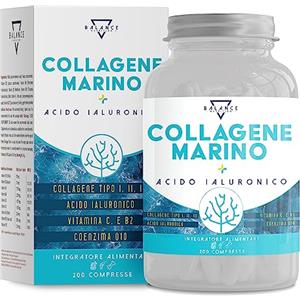 BALANCE NUTRITION COLLAGENE MARINO - 200 Compresse (fino a 7 mesi di fornitura) Collagene e Acido Ialuronico | Collagene di tipo I, II e III con Complex di 7 attivi, Vitamina C e Coenzima Q10