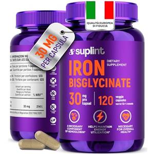SUPLINT Integratore di Ferro Bisglicinato 30 mg - Supporto per Energia, Globuli Rossi e Metabolismo - Integratore di Ferro Vegano per Uomini e Donne - Senza Glutine e OGM - 120 Capsule (1 Pack)