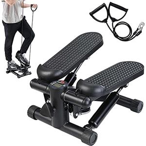 BAKAJI Stepper Allenamento Fitness Cardio Gambe Pancia Fianchi con Display LCD Calorie Tempo e Manubri Elastici Allenamneto Braccia Spalle Struttura in Acciaio Inox Pedali Antiscivolo (Nero)