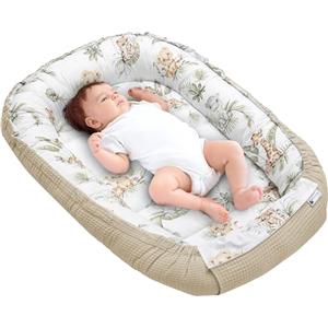 Medi Partners Riduttore Lettino Neonato - 100x60x15 Nido Antisoffoco Neonati Bozzolo Culla per Bebè neonata bilaterale Cuscino 100% Cotone Waffle (Safari di Waffle marroni)