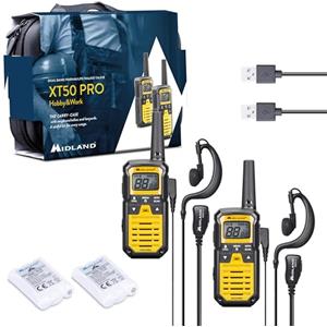 Midland - Walkie Talkie XT50 PRO Doppio Hobby & Work, 2 Ricetrasmittenti Professionali 85 Canali PMR446, Rete Radio Montana - 8Km, 12H, Waterproof IPX2, Ricarica USB, Valigetta Trasporto e Accessori